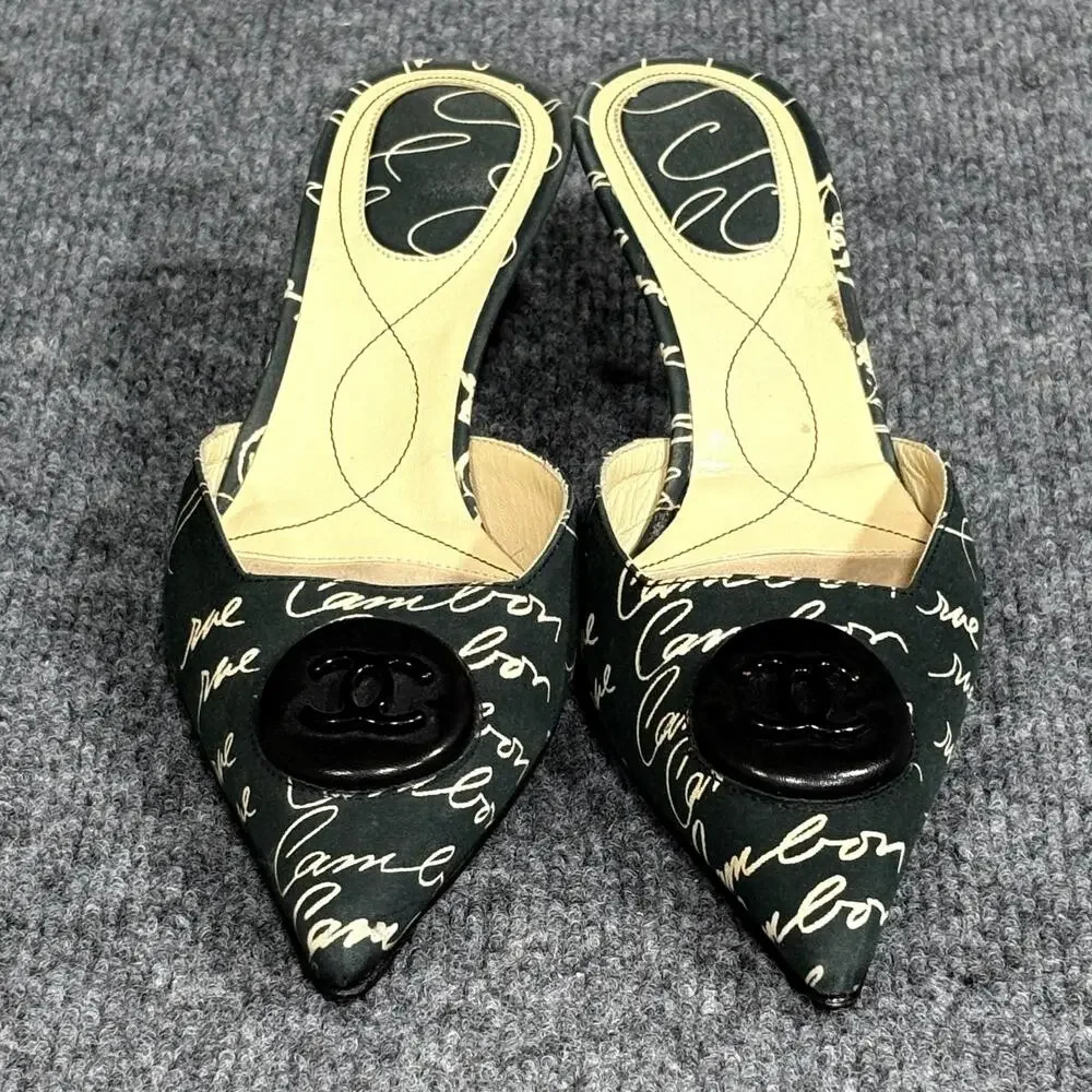 Vintage Chanel Shoes Womens 6 EU 36 Black Cruise Script Print Kitten Heel Mules